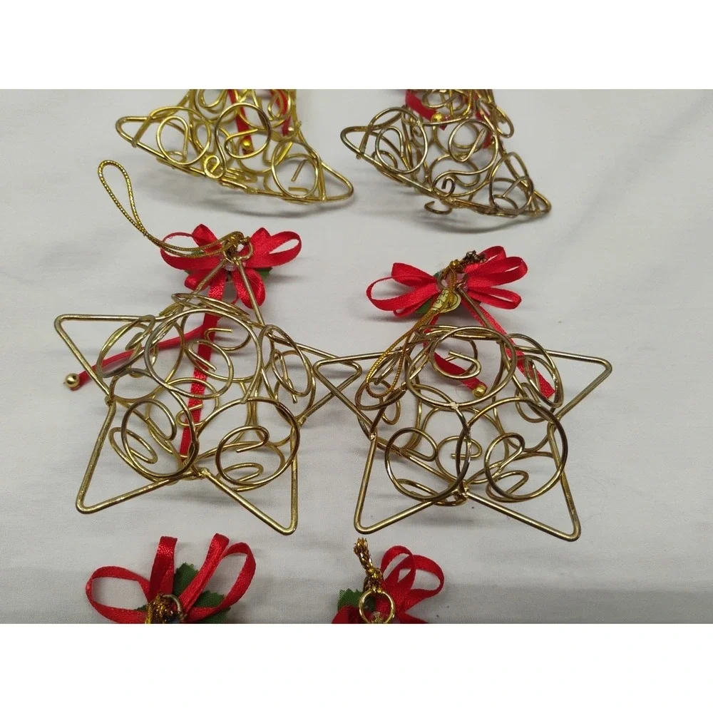 6pc Metal Tree & Star Christmas Ornaments Rustic Cottage‎ Vintage Gold Tone